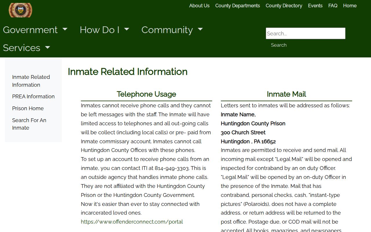 Huntingdon County inmate information used as an arrest custody contact channel