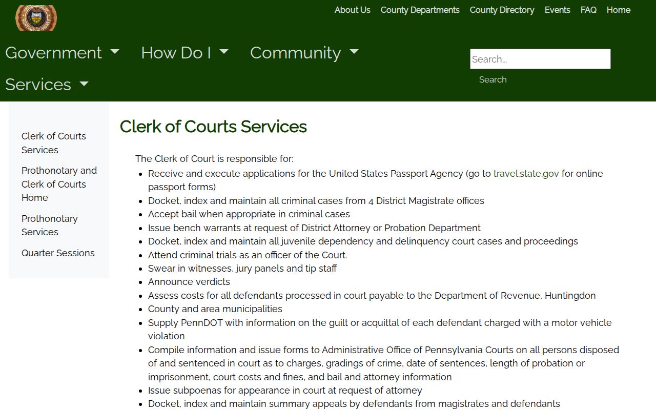 Huntingdon County Clerk of Courts criminal case services