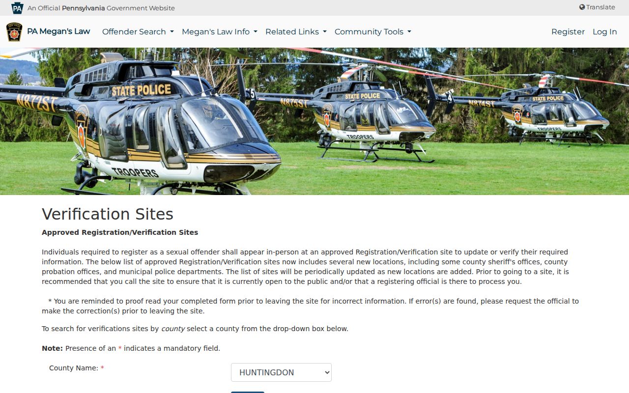 Huntingdon County sex offender registry verification site search